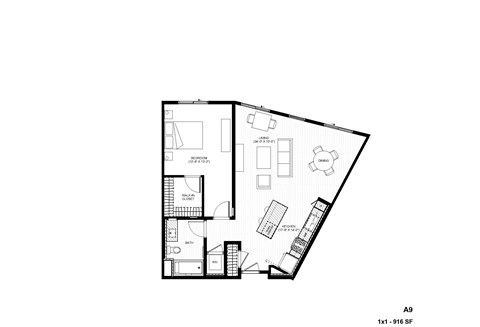 Floor plan for 1 bed, 1 bath, 916 sqft